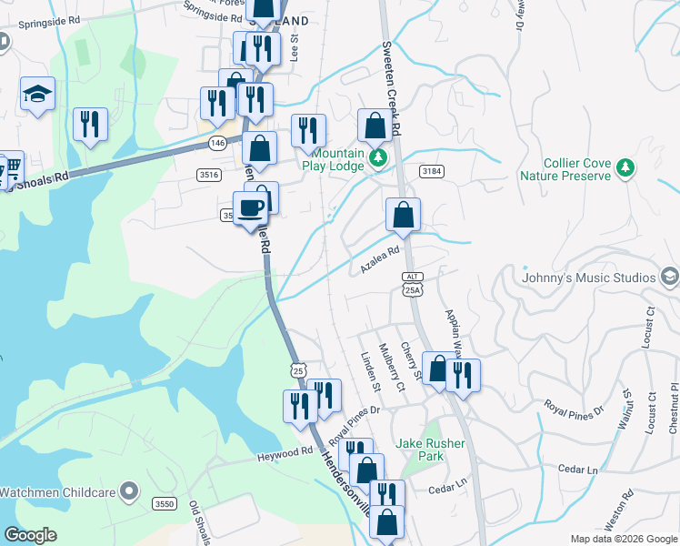 map of restaurants, bars, coffee shops, grocery stores, and more near 24 Azalea Road in Arden