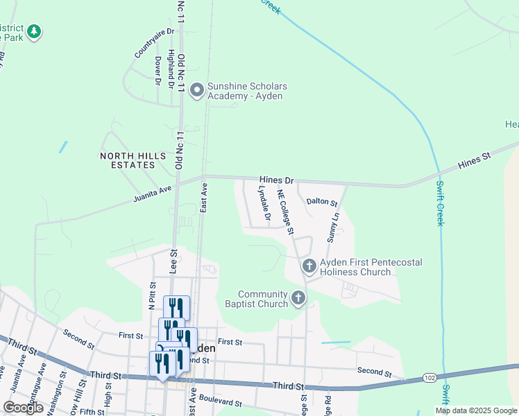 map of restaurants, bars, coffee shops, grocery stores, and more near 3930 Lyndale Drive in Ayden