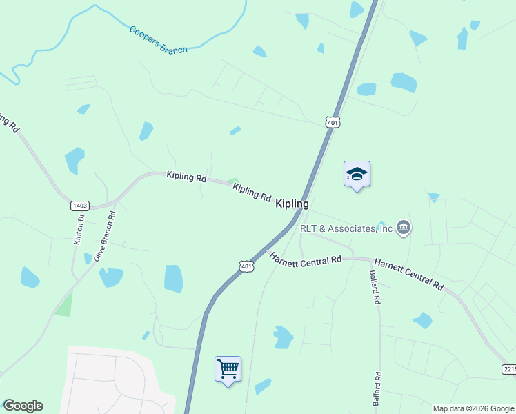 map of restaurants, bars, coffee shops, grocery stores, and more near 129 Kipling Road in Fuquay-Varina
