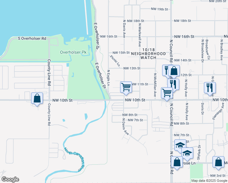 map of restaurants, bars, coffee shops, grocery stores, and more near 1180 North Eagle Lane in Oklahoma City