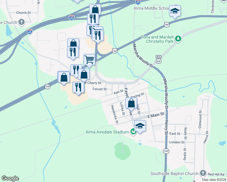 map of restaurants, bars, coffee shops, grocery stores, and more near 42 Ash Street in Alma