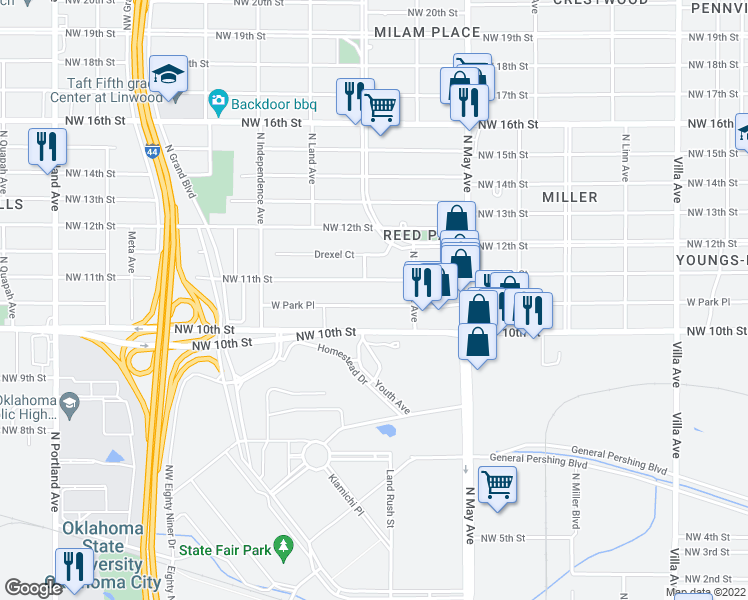 map of restaurants, bars, coffee shops, grocery stores, and more near 3037 West Park Place in Oklahoma City