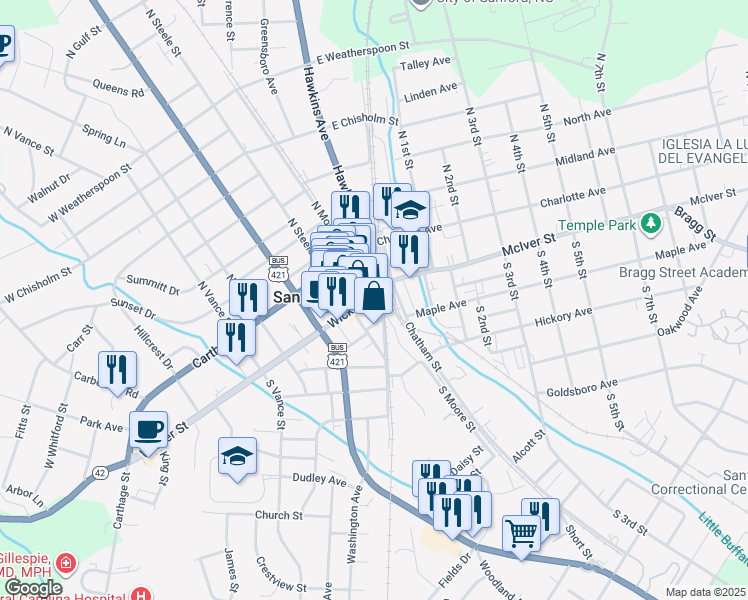 map of restaurants, bars, coffee shops, grocery stores, and more near 125 Wicker Street in Sanford