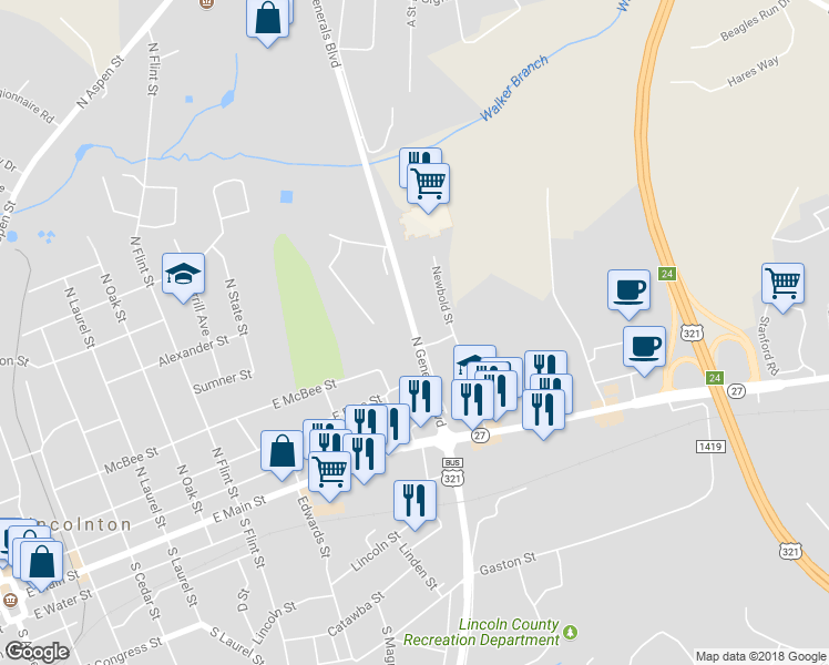map of restaurants, bars, coffee shops, grocery stores, and more near 210 North Generals Boulevard in Lincolnton