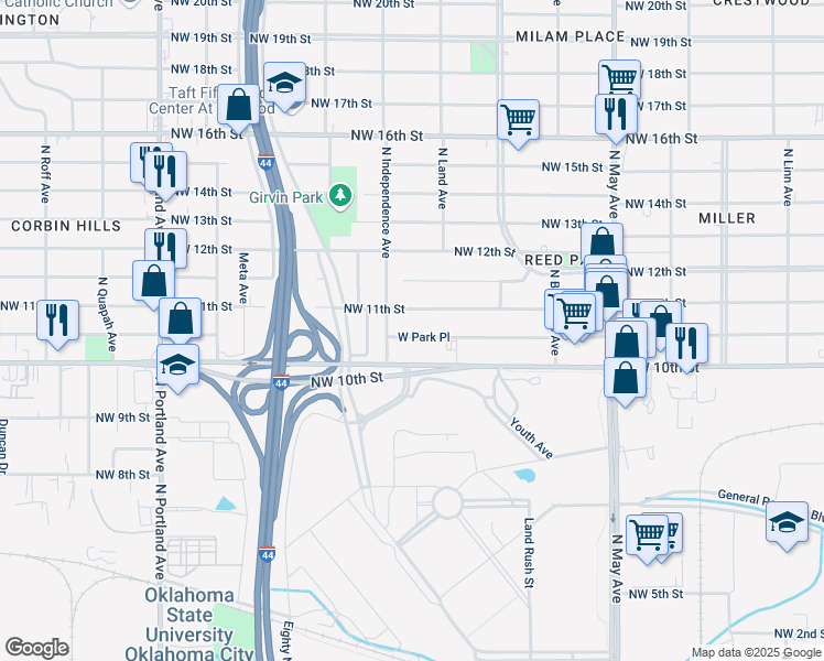 map of restaurants, bars, coffee shops, grocery stores, and more near 3229 West Park Place in Oklahoma City