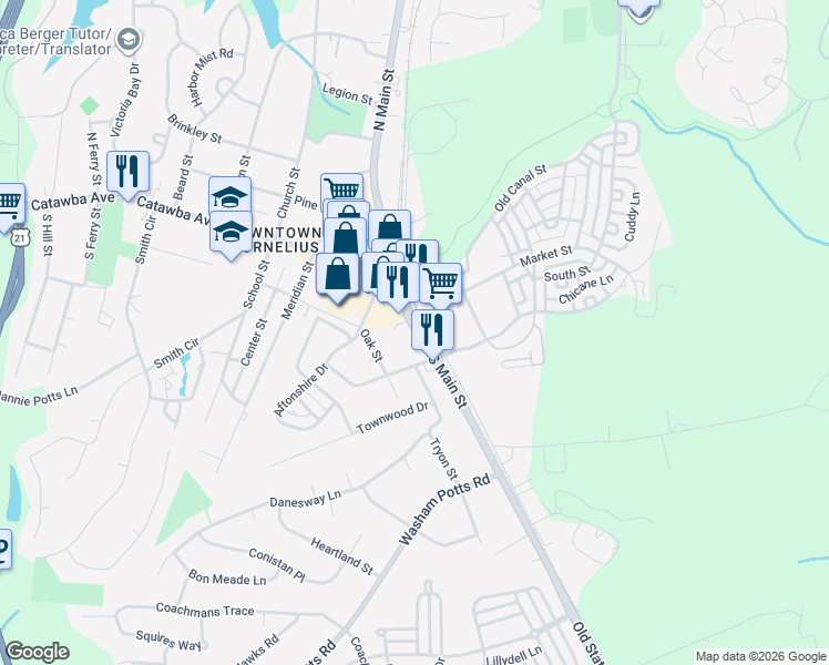 map of restaurants, bars, coffee shops, grocery stores, and more near 19829 South Main Street in Cornelius