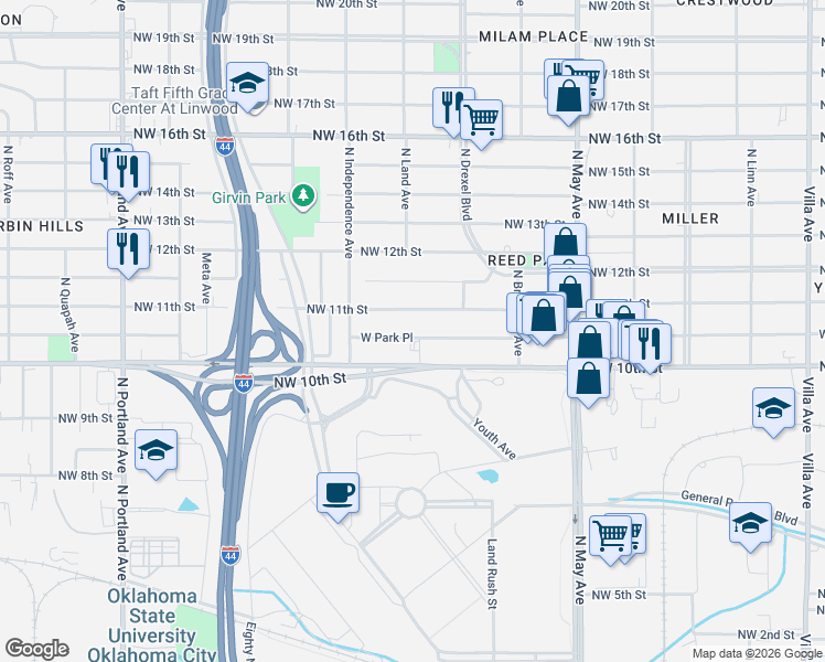 map of restaurants, bars, coffee shops, grocery stores, and more near 3145 West Park Place in Oklahoma City