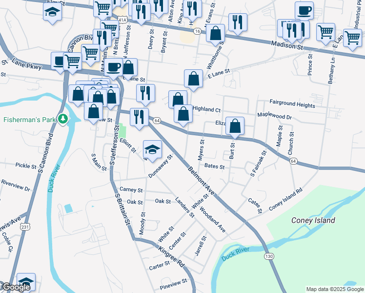 map of restaurants, bars, coffee shops, grocery stores, and more near 110 Thompson Street in Shelbyville