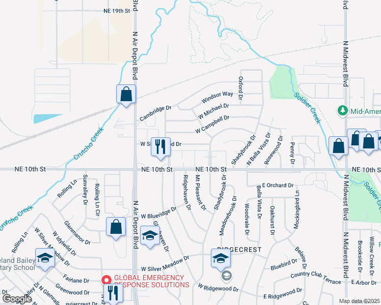 map of restaurants, bars, coffee shops, grocery stores, and more near 3814 North Oak Grove Drive in Midwest City