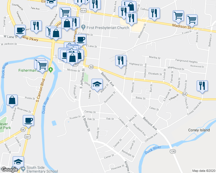 map of restaurants, bars, coffee shops, grocery stores, and more near 207 Walnut Street in Shelbyville