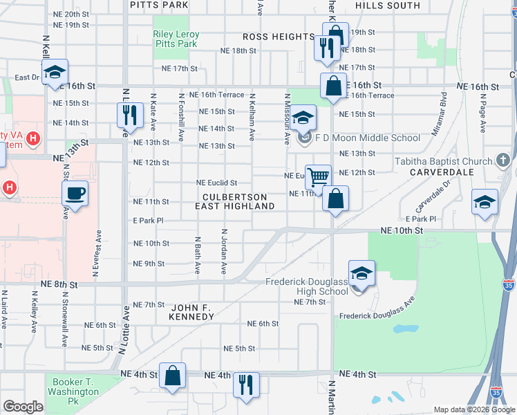 map of restaurants, bars, coffee shops, grocery stores, and more near 1629 East Park Place in Oklahoma City