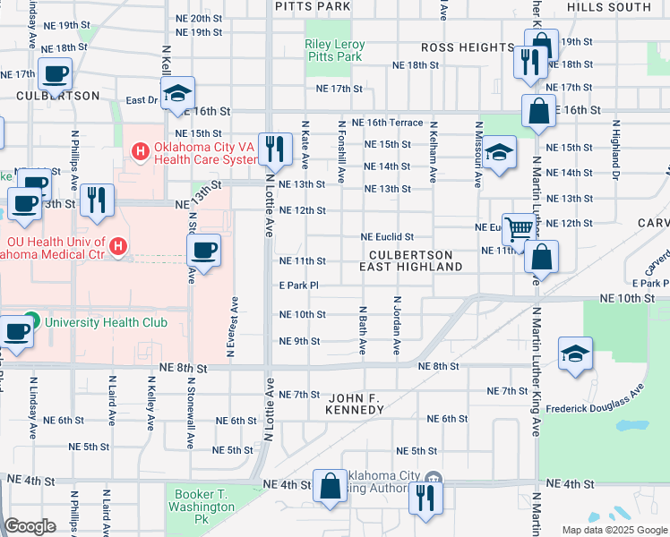 map of restaurants, bars, coffee shops, grocery stores, and more near 1425 East Park Place in Oklahoma City