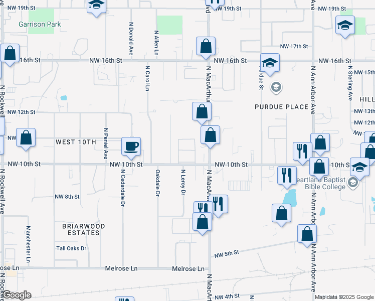 map of restaurants, bars, coffee shops, grocery stores, and more near 6019 Northwest 10th Street in Oklahoma City