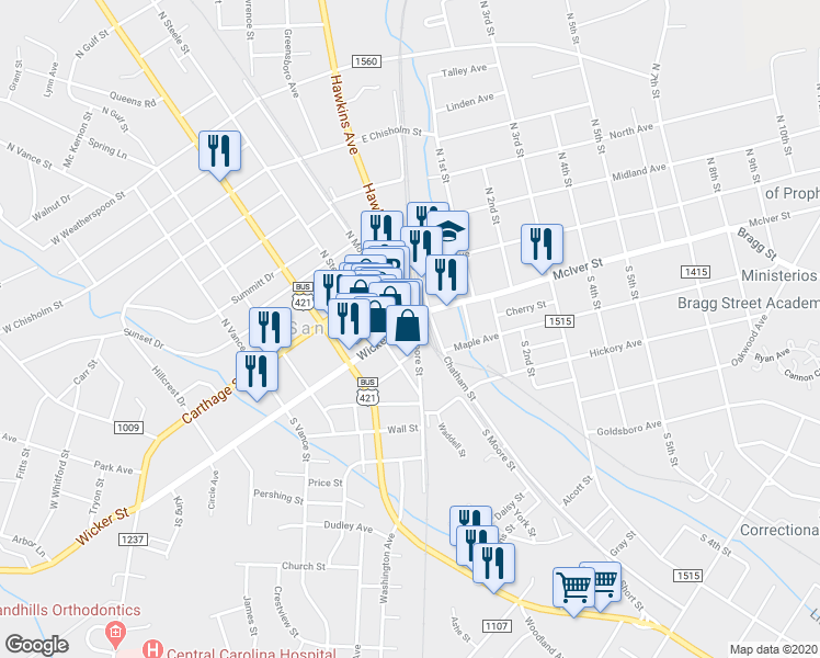 map of restaurants, bars, coffee shops, grocery stores, and more near 101 Wicker Street in Sanford
