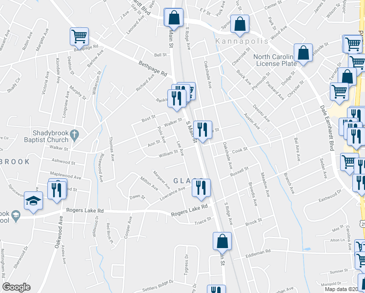 map of restaurants, bars, coffee shops, grocery stores, and more near 102 William Street in Kannapolis