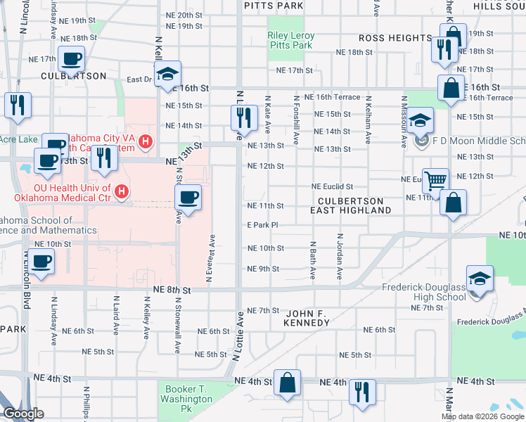 map of restaurants, bars, coffee shops, grocery stores, and more near 1329 East Park Place in Oklahoma City