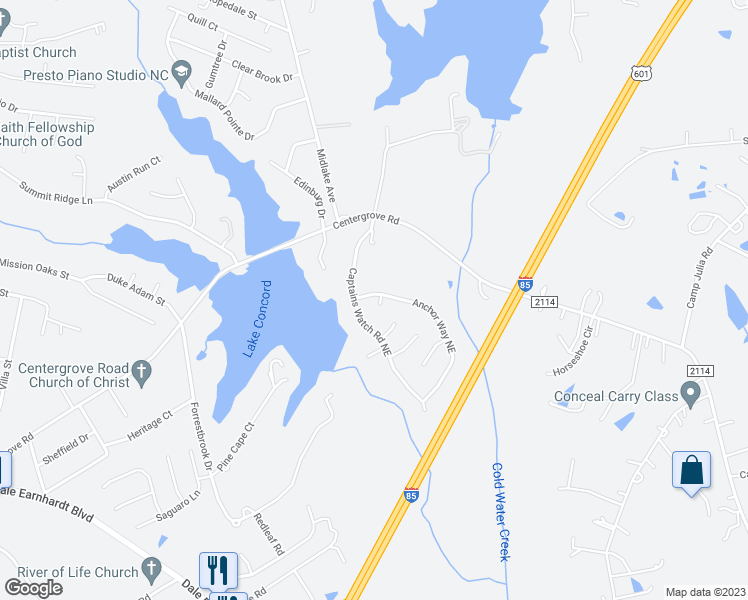 map of restaurants, bars, coffee shops, grocery stores, and more near 816 Anchor Way Northeast in Kannapolis
