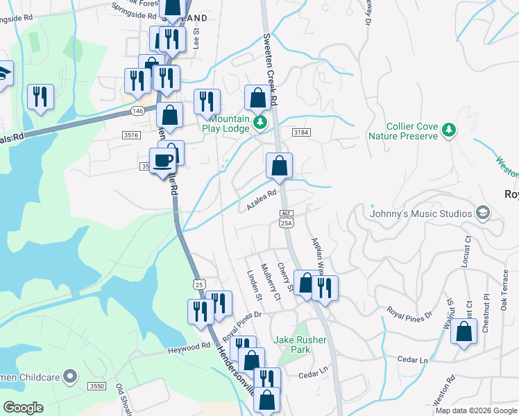 map of restaurants, bars, coffee shops, grocery stores, and more near 8 Azalea Road in Arden