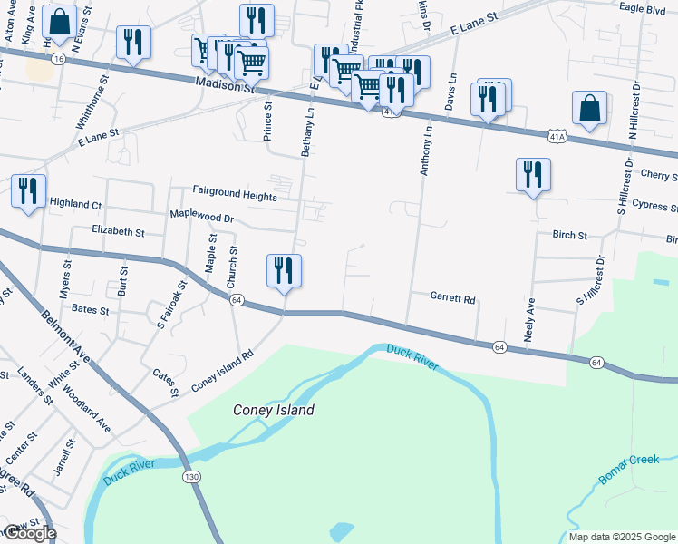 map of restaurants, bars, coffee shops, grocery stores, and more near 111 Couch Lane in Shelbyville