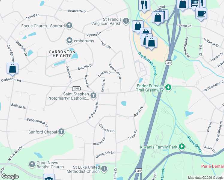 map of restaurants, bars, coffee shops, grocery stores, and more near 1814 Carbonton Road in Sanford