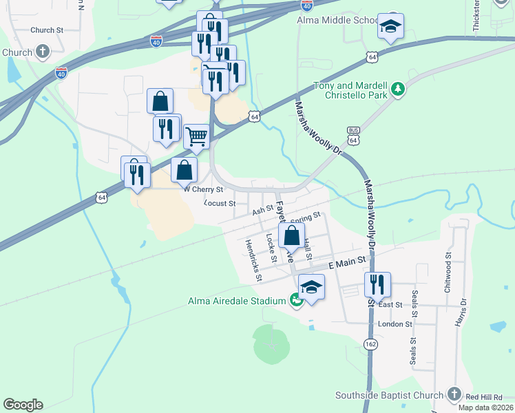 map of restaurants, bars, coffee shops, grocery stores, and more near 42 Ash Street in Alma