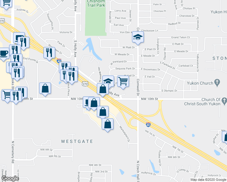 map of restaurants, bars, coffee shops, grocery stores, and more near 2524 West Olympic Drive in Yukon