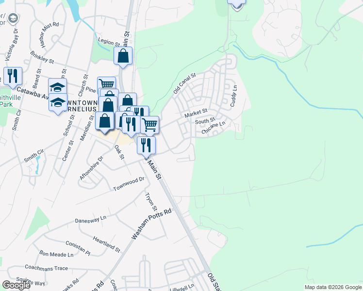 map of restaurants, bars, coffee shops, grocery stores, and more near 1721 Lovers Lawn Trace in Cornelius