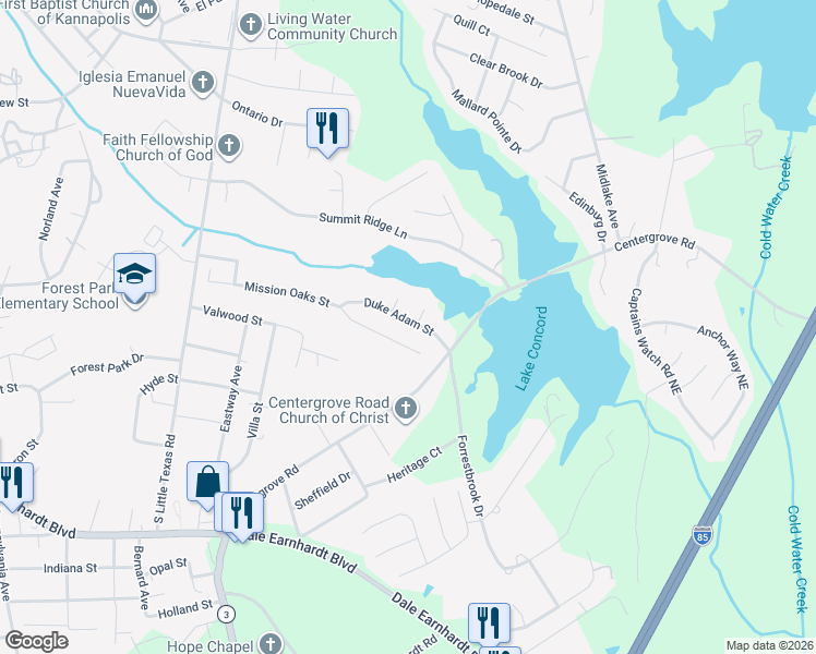 map of restaurants, bars, coffee shops, grocery stores, and more near 1918 Duke Adam Street in Kannapolis