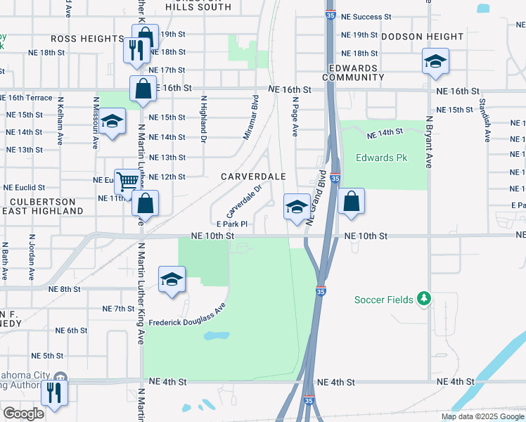 map of restaurants, bars, coffee shops, grocery stores, and more near 1121 Windemere Avenue in Oklahoma City