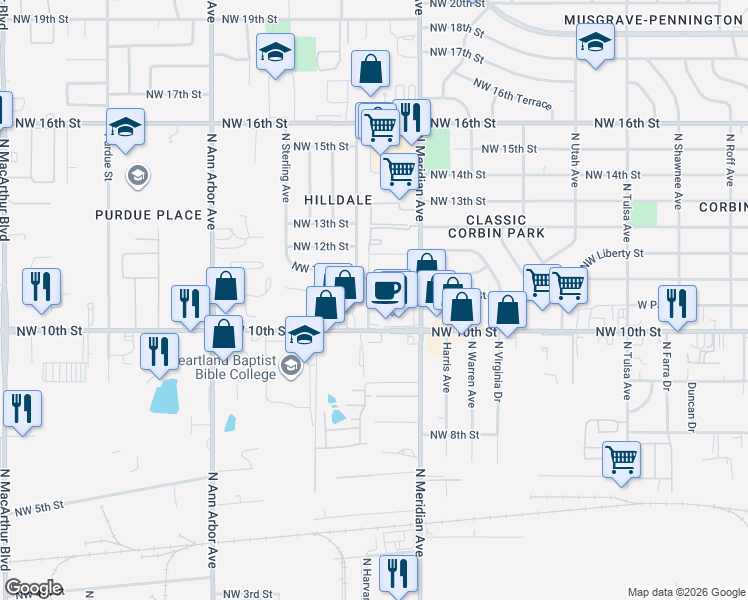 map of restaurants, bars, coffee shops, grocery stores, and more near 1111 North Harvard Avenue in Oklahoma City