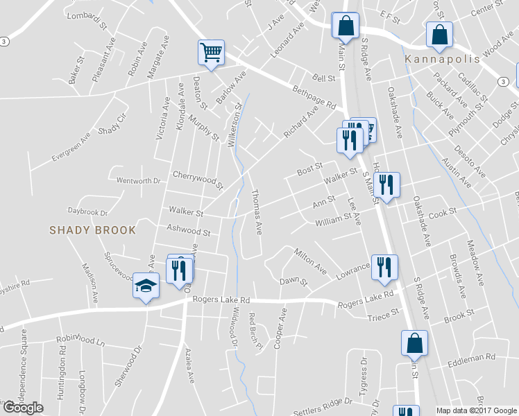 map of restaurants, bars, coffee shops, grocery stores, and more near Walker Street in Kannapolis