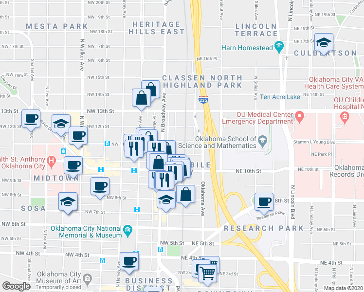 map of restaurants, bars, coffee shops, grocery stores, and more near 2 Northwest 11th Street in Oklahoma City