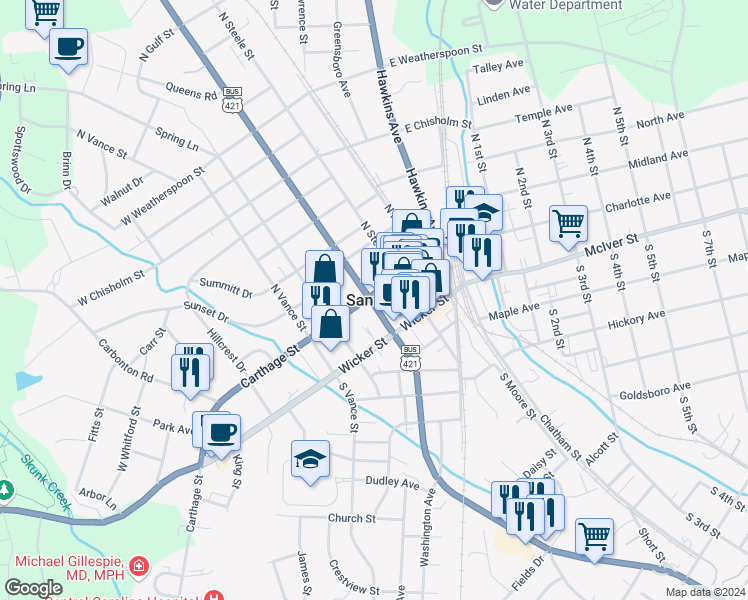 map of restaurants, bars, coffee shops, grocery stores, and more near in Sanford