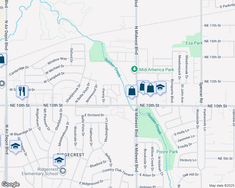 map of restaurants, bars, coffee shops, grocery stores, and more near 7801 Northeast 10th Street in Midwest City