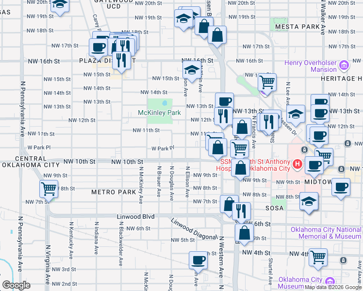 map of restaurants, bars, coffee shops, grocery stores, and more near 1201 Northwest 10th Street in Oklahoma City
