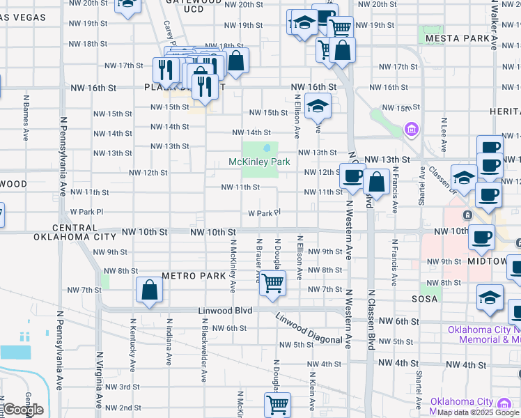 map of restaurants, bars, coffee shops, grocery stores, and more near 1510 West Park Place in Oklahoma City