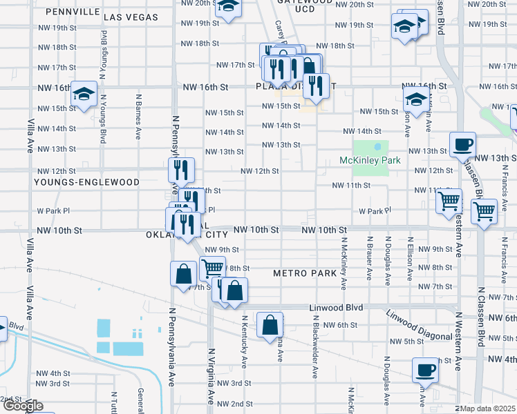 map of restaurants, bars, coffee shops, grocery stores, and more near 1816 West Park Place in Oklahoma City