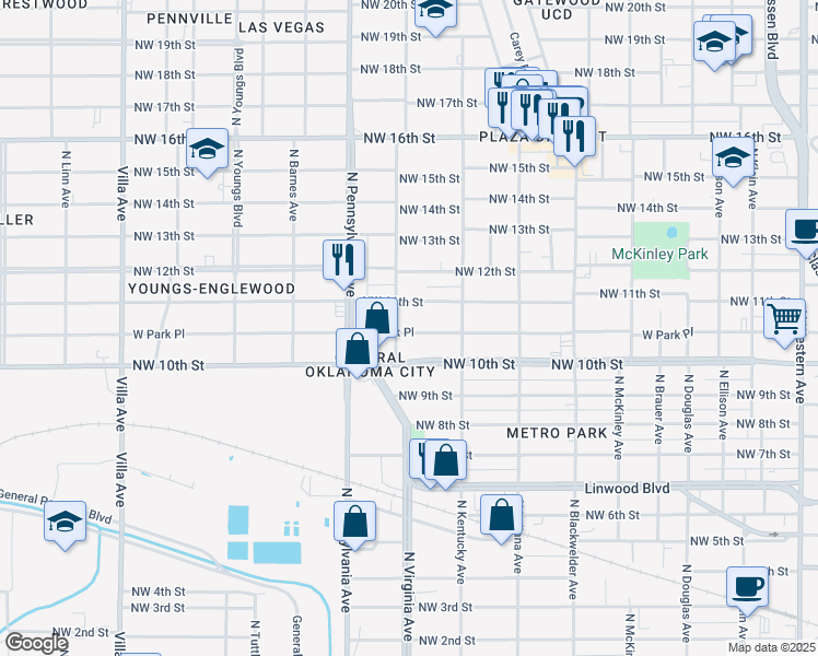 map of restaurants, bars, coffee shops, grocery stores, and more near 1936 West Park Place in Oklahoma City
