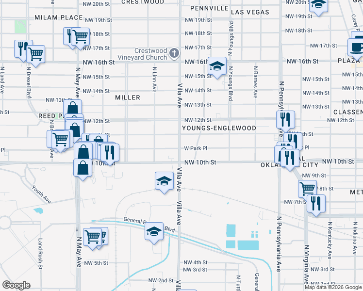 map of restaurants, bars, coffee shops, grocery stores, and more near 2504 West Park Place in Oklahoma City