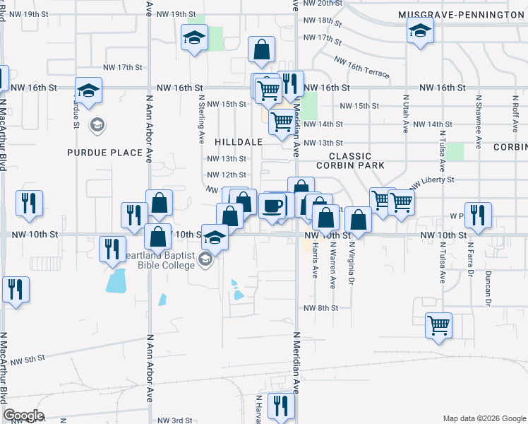 map of restaurants, bars, coffee shops, grocery stores, and more near 1111 North Harvard Avenue in Oklahoma City