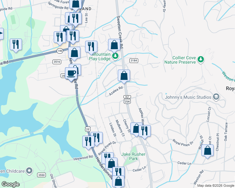 map of restaurants, bars, coffee shops, grocery stores, and more near 14 Azalea Road in Arden
