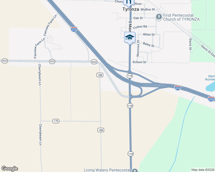 map of restaurants, bars, coffee shops, grocery stores, and more near Arkansas 322 in Tyronza