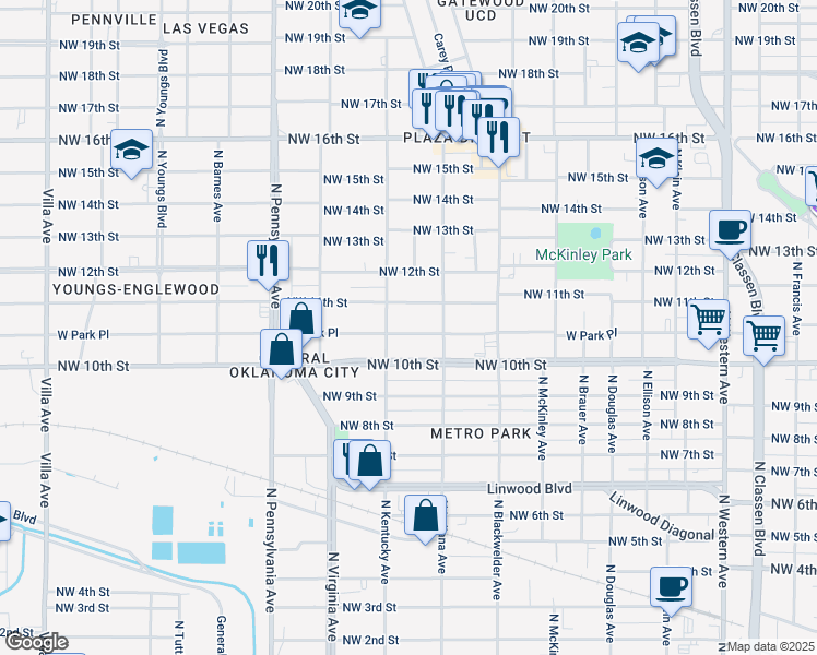 map of restaurants, bars, coffee shops, grocery stores, and more near 1816 West Park Place in Oklahoma City