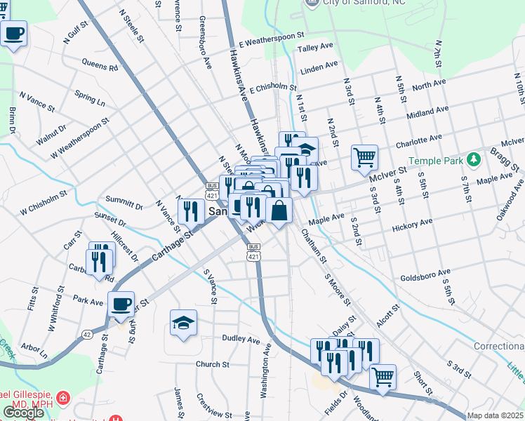map of restaurants, bars, coffee shops, grocery stores, and more near 125 Wicker Street in Sanford