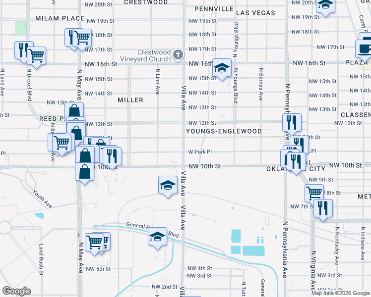 map of restaurants, bars, coffee shops, grocery stores, and more near 2504 West Park Place in Oklahoma City