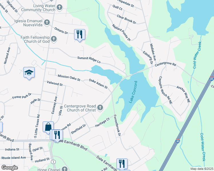 map of restaurants, bars, coffee shops, grocery stores, and more near 2029 Duke Adam Street in Kannapolis