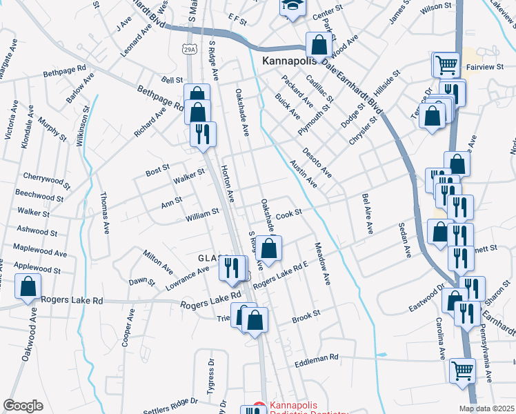 map of restaurants, bars, coffee shops, grocery stores, and more near 206 Caldwell Street in Kannapolis