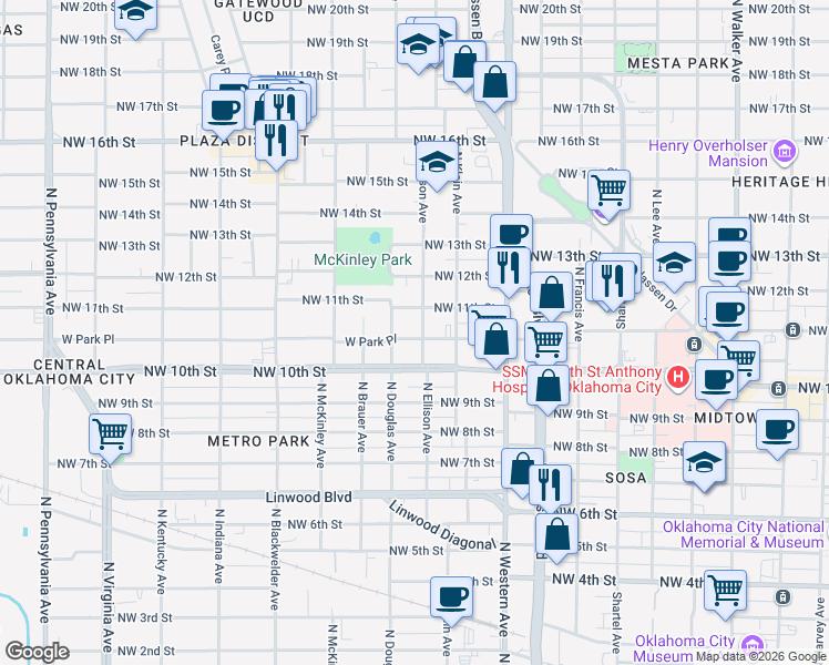 map of restaurants, bars, coffee shops, grocery stores, and more near 1201 Northwest 10th Street in Oklahoma City
