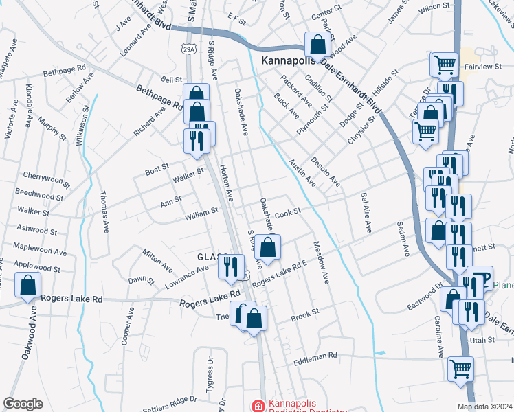 map of restaurants, bars, coffee shops, grocery stores, and more near 208 Caldwell Street in Kannapolis