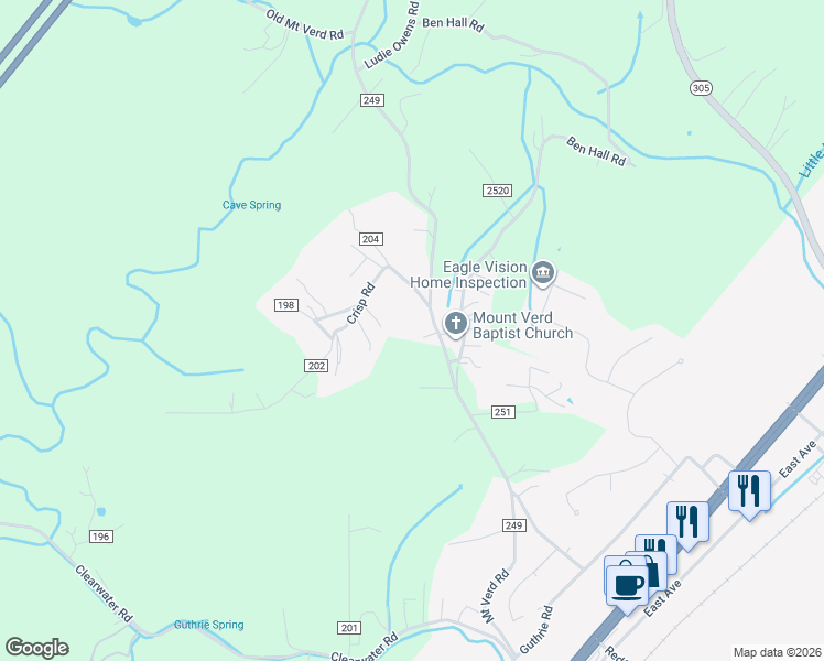 map of restaurants, bars, coffee shops, grocery stores, and more near 251 County Road 249 in Athens